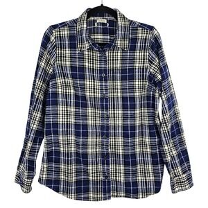 LLBean Women's Blue Plaid Flannel Button Up Shirt Long Sleeve Casual Size Medium